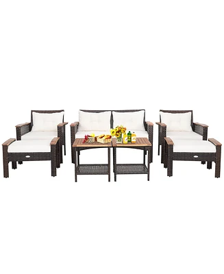 7PCS Patio Rattan Furniture Set Cushioned Loveseat Sofa Ottoman Table