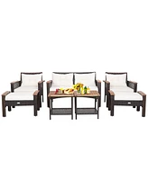 7PCS Patio Rattan Furniture Set Cushioned Loveseat Sofa Ottoman Table