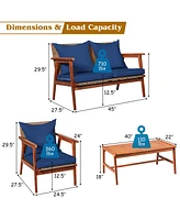 8PCS Patio Rattan Furniture Set Acacia Wood Frame Cushioned Sofa Chair Navy