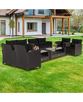 8 Pcs Patio Rattan Furniture Set Glass Table Shelf Sofa Cushion Black