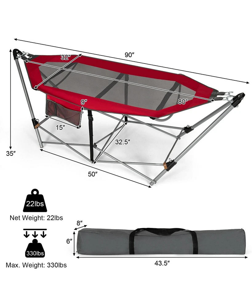 Gymax Folding Hammock Indoor & Outdoor Hammock with Side Pocket & Iron Stand Red