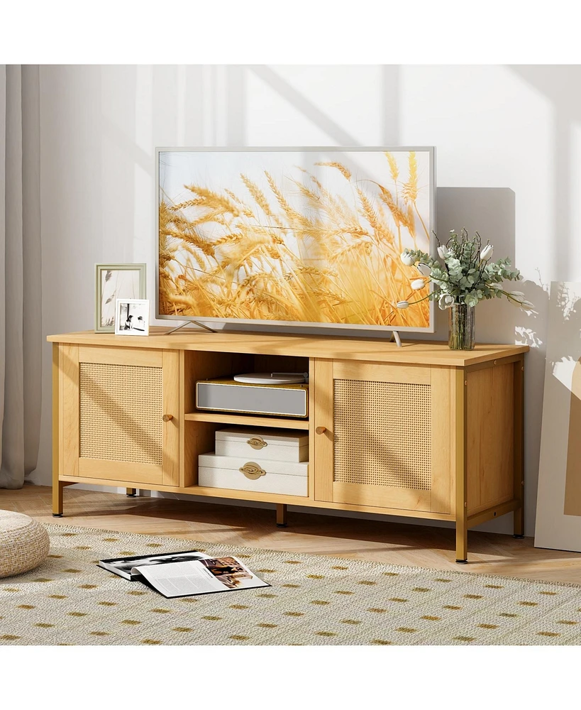 Slickblue Tv Stand for Tv up to 55 Inches with Faux Rattan Door-Natural