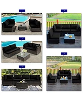 6PCS Patio Rattan Furniture Set 42'' Fire Pit Table Cover Sofa Cushion