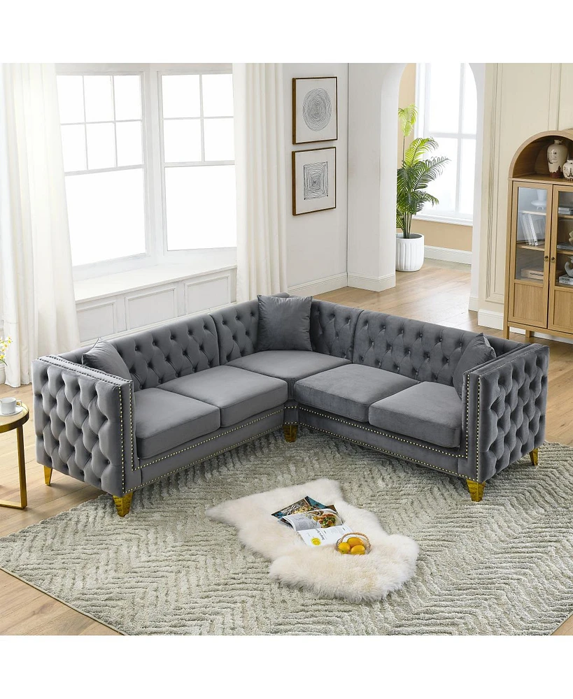 82.2" Velvet L-Shaped Corner Sofa, 5-Seater