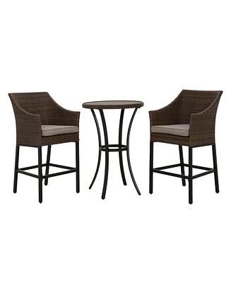 Mondawe 3-Piece Pe Rattan Wicker Patio Conversation Set Outdoor High Bar Chairs and Bistro Table with Gray Cushion