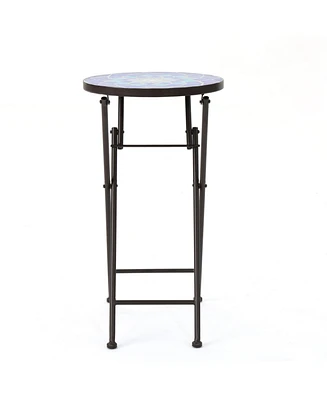 Blue & White Folding Patio Accent Table with Glass Top
