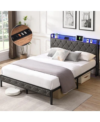 Upholstered Queen Bed Frame with Storage and Led Lights