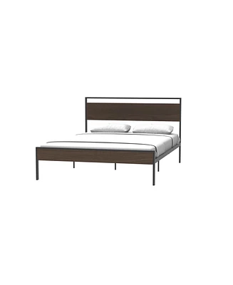 Streamdale Furniture Ceres Metal Bed, Black with Walnut Wood Headboard&Footboard, Queen