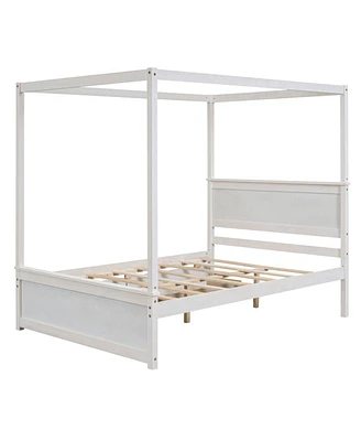 Full-size wood canopy bed with drawers, no box spring needed