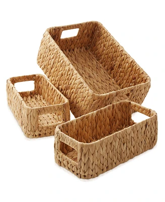 Casafield Water Hyacinth Storage Basket Set for Shelves - 1-Large, 2-Small - Woven Storage Bin Organizers with Handles - Natural