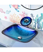 Aquaterior Tempered Glass Sink Transitional Style Basin Waterfall Faucet Kit