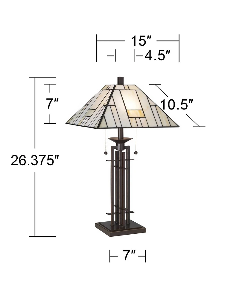 Mission Tiffany Style Table Lamp Art Deco 26.25" High Wrought Iron Dark Bronze Brown Gold White Stained Glass Shade for Living Room Bedroom House