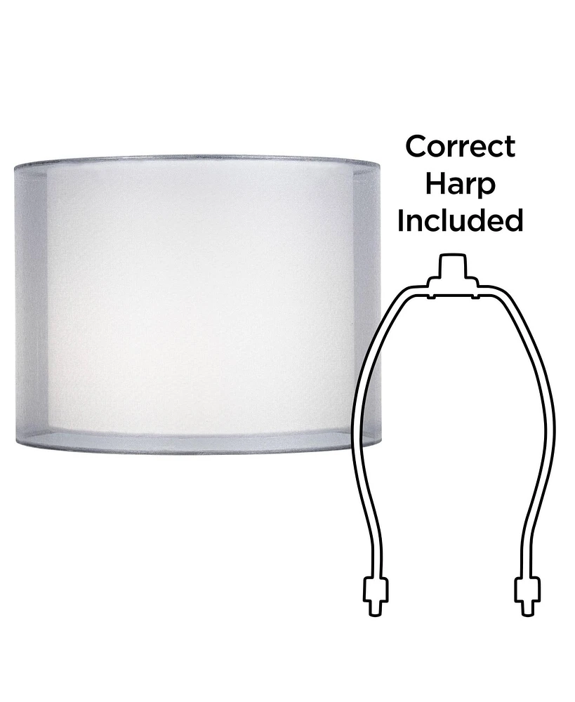 Silver and White Double Sheer Medium Drum Lamp Shade 12" Top x 12" Bottom x 9" High (Spider) Replacement with Harp and Finial