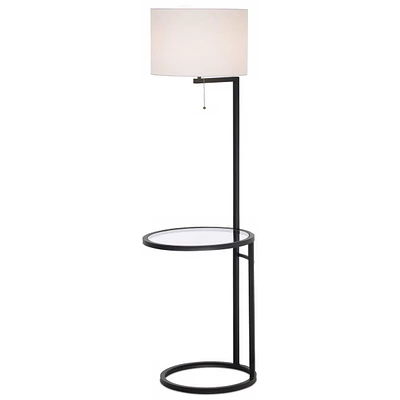 Space Saver Modern Style Standing Floor Lamp with Glass Tray End Table 62" Tall Black Metal White Fabric Sleek Drum Shade Decor for Living Room Readin