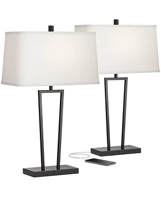 Cole Modern Minimalist Table Lamps 27" Tall Set of 2 with Usb Charging Ports Black Metal White Rectangular Shade for Living Room Bedroom House Be