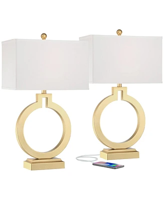 Modern Table Lamps 28 1/2" Tall Set of 2 with Usb Charging Port Brushed Gold Open Ring White Rectangular Shade for Bedroom Living Room House Beds