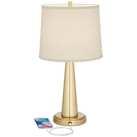 Karla Modern Table Lamps 25" Tall Set of 2 with Usb Charging Port Brass Gold Metal Beige Fabric Drum Shade for Bedroom Living Room House Desk Bed