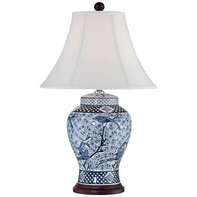 Shonna Traditional Asian Style Jar Table Lamp with Usb Charging Port 27" Tall Blue White Floral Porcelain Flared Bell Shade for Living Room Bedroom Ho