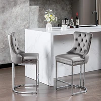 Modern Gray Velvet Bar Stools Set Of 2