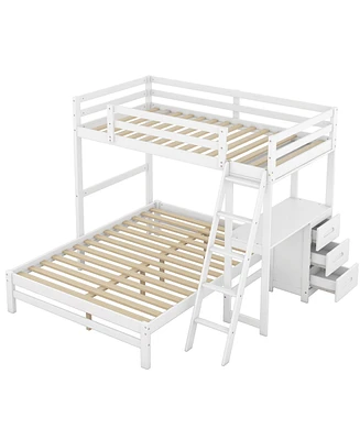 Twin Over Full Bunk Bed With Built-In Desk And Three Drawers
