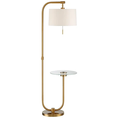 Volta Mid Century Modern Arched Floor Lamp with Usb Charging Port Glass Tray Table 66" Tall Antique Brass Gold Metal White Linen Drum Shade Livin
