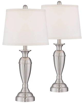 Regency Hill Blair Traditional Table Lamps 25" Tall Set of 2 with Dimmers Brushed Nickel Metal Candlestick White Fabric Drum Shade for Bedroom Living