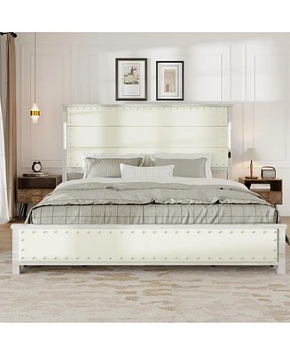 King Size Bed Frame with Upholstered Headboard and 4 Storage Drawers, King Bed Frame with Charging Station and Led Lights, Wood Slats, Beige Faux Leat