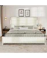 King Size Bed Frame with Upholstered Headboard and 4 Storage Drawers, King Bed Frame with Charging Station and Led Lights, Wood Slats, Beige Faux Leat