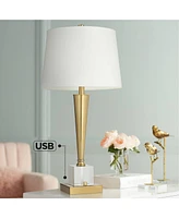 Possini Euro Design Wayne 29 1/4" Tall Modern Glam Luxury End Table Lamp Usb Port Brass Finish Metal Crystal Single White Shade Living Room Charging B