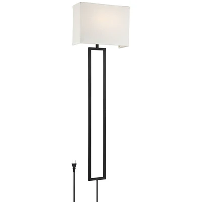 Possini Euro Design Portico Modern Corded Wall Mounted Lamp Led Dimmable Black Metal Plug-In Light Fixture White Rectangular Shade for Bedroom Bedside