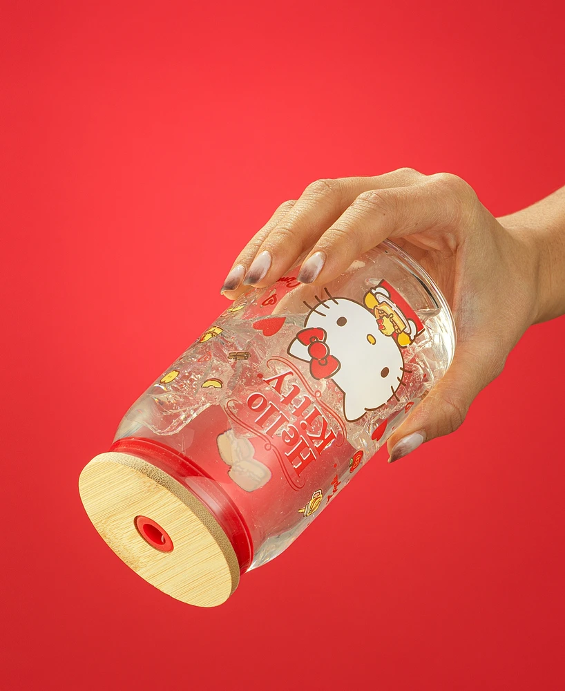 JoyJolt Hello Kitty and Friends Favorite Flavor Hello Kitty Can Shaped Glass Tumbler with Wood Lid and Straw