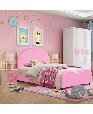Kids Children Pu Upholstered Platform Wooden Princess Bed Bedroom Furniture