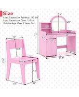 Kid Vanity Table Chair Set 2-Color Led Lights Large Drawer Shelf Cabinet