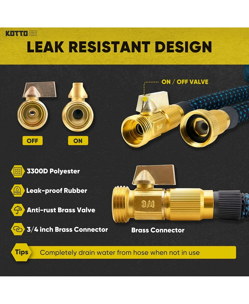 Kotto 150' Expandable Water Garden Hose: 10 Spray Nozzles, Solid Brass Connector, Leak-Proof Design