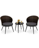 Gymax 3PCS Rattan Patio Bistro Set Outdoor Conversation Furniture Set w/ Seat Cushions