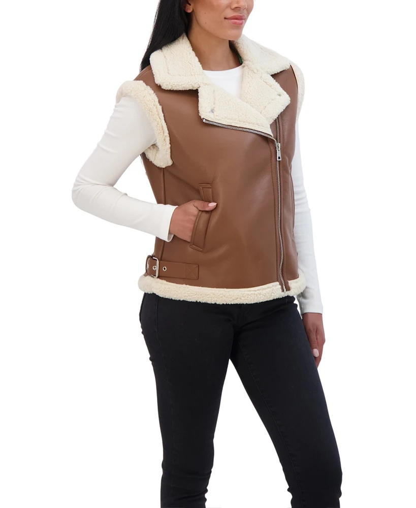 Sebby Collection Women's Moto Zip Front Faux Leather Shearling Vest