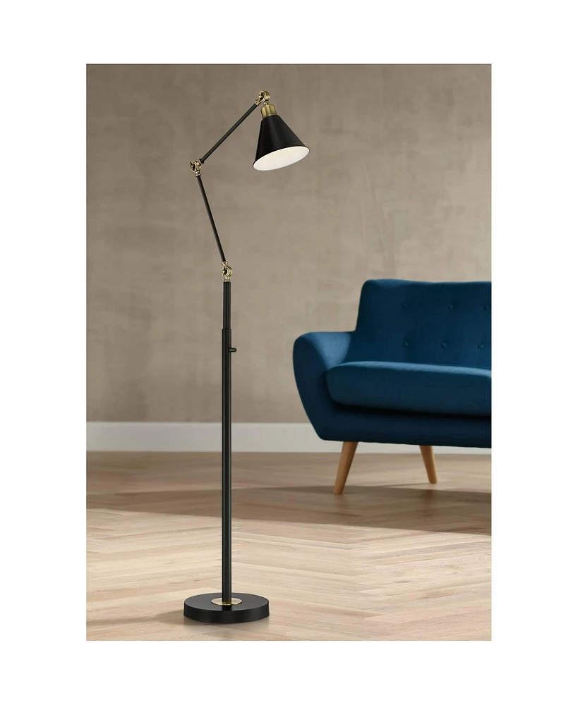 360 Lighting Wray Modern Mid Century Industrial Adjustable Floor Lamp Standing 61" Tall Flat Black Warm Antique Brass Metal Swivel Cone Shade for Livi