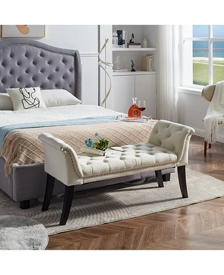 Beige Velvet Rectangle Bench for Bedroom, Entryway, or Living Room