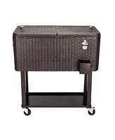 80QT Rattan Square Legs Cooler with Shelf Portable Patio Party Cooler Cart