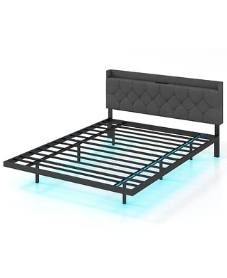 Floating Bed Frame with Led and Headboard Charging Station