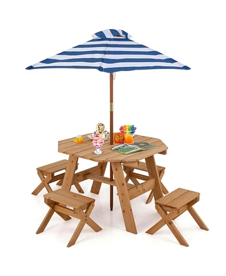 Kids Wooden Table Set with Octagon 4 Stools & Removable Adjustable Umbrella