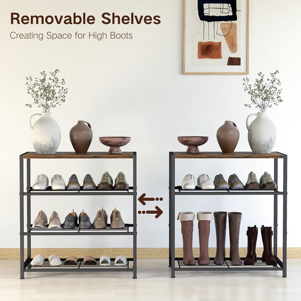 4-Tier Shoe Rack Metal Storage Organizer with Wood Top Board