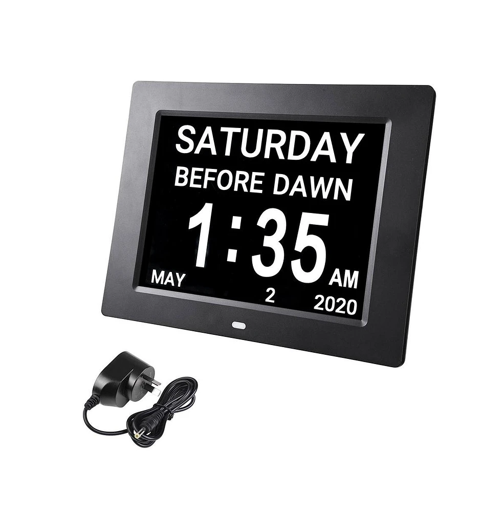 8" Large Digital Lcd Day Clock 6-Alarm Dimmable Calendar Dementia Home Wall Table Black