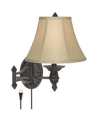 Godia French Country Indoor Swing Arm Wall Lamp Bronze Plug-In Light Fixture Dimmable Beige Softback Bell Shade for Bedroom Bedside House Reading Livi
