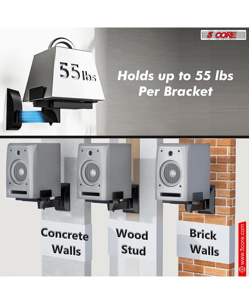 5 Core Speaker Wall Mount Adjustable Shelf Holder Swivel 180 Degree Bookshelf Brackets - 15 Inch Space for Speakers Pair Holds Upto 55lbs