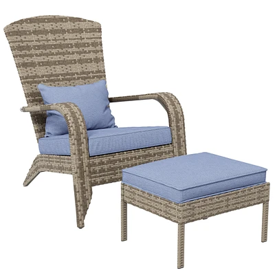 Wicker Adirondack Chair with Ottoman and Cushions for Outdoor Fire Pit
