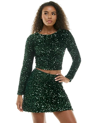 Juniors' Sequin Tie-Back Long-Sleeve Top