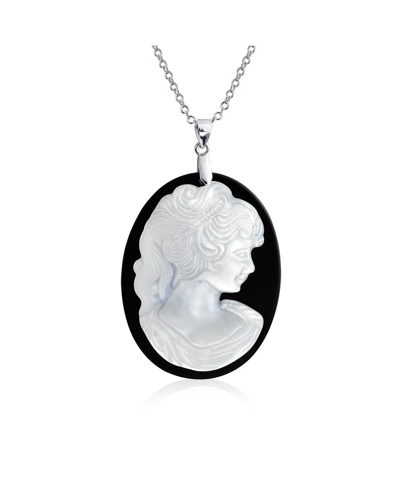 Bling Jewelry Classic Antique Victorian Black White Carved Portrait Cameo Pendant Necklace Sterling Silver