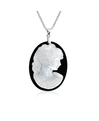 Bling Jewelry Classic Antique Victorian Black White Carved Portrait Cameo Pendant Necklace Sterling Silver