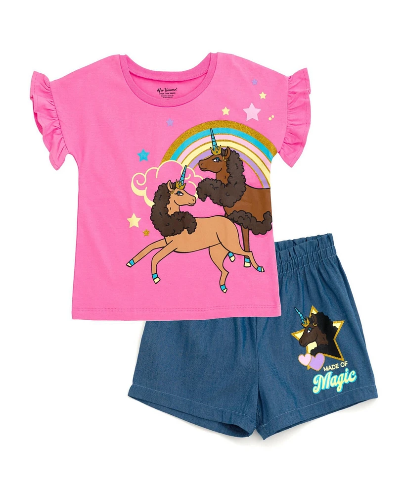 Afro Unicorn Toddler Girls T-Shirt and Chambray Shorts Outfit Set